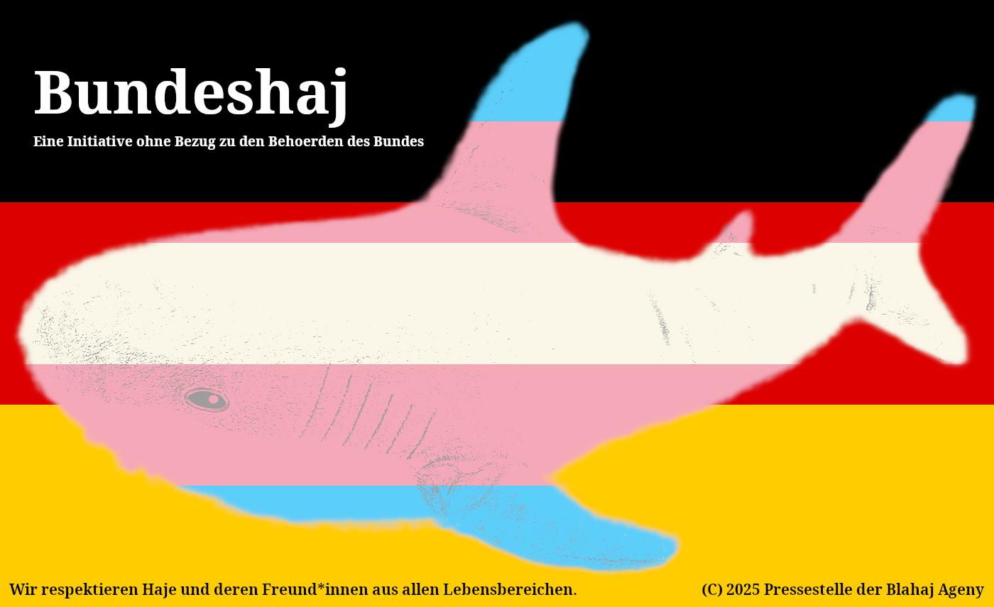 a mask in the shape of a blahaj stuffed animal toy in trans pride colors overlayed on a german national flag